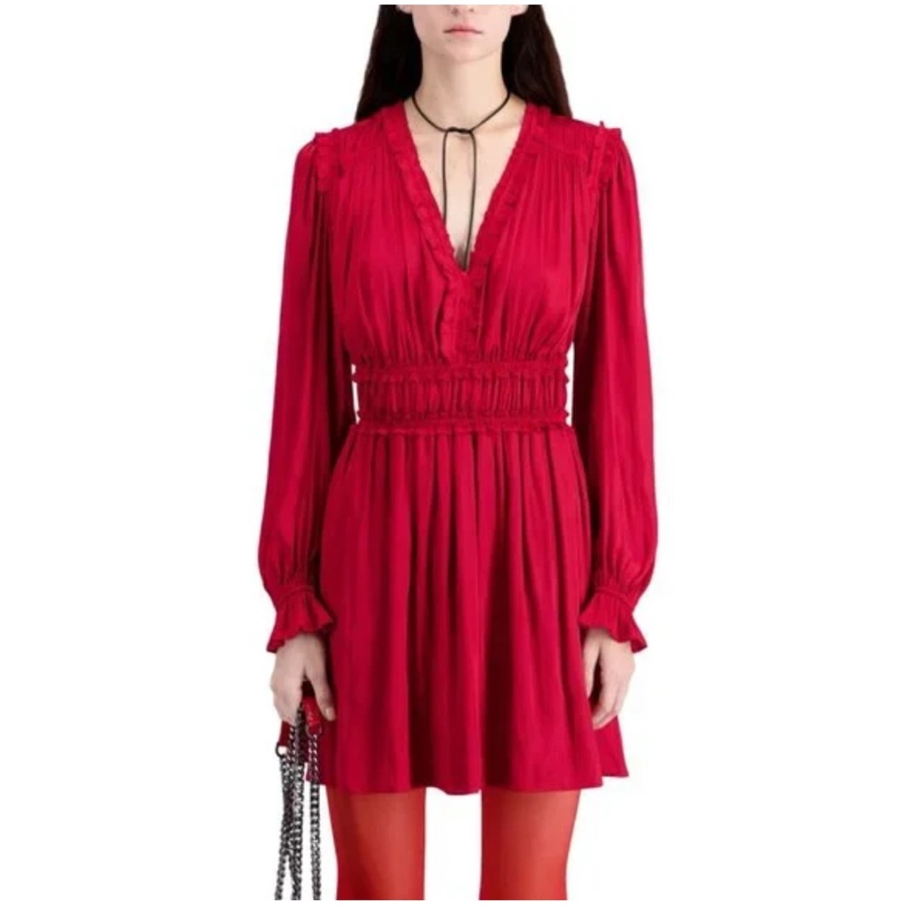 The Kooples Red Pleated Mini Dress with Bishop Sleeves